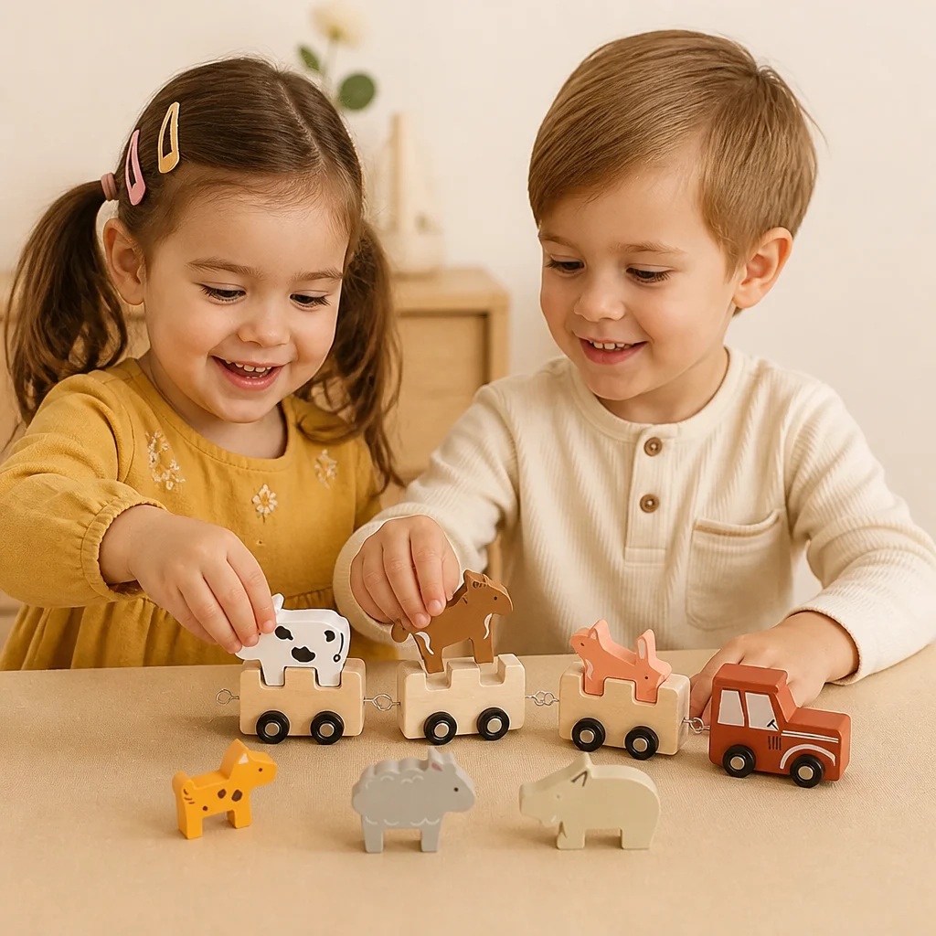 Wooden Farm Animal Train โ Toy with Flexible Wheels for Children