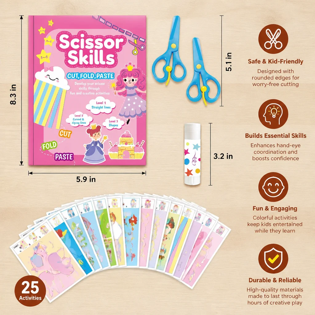 Kids Scissor Skills Activity Book โ Safe Cutting Practice with Safety Scissors