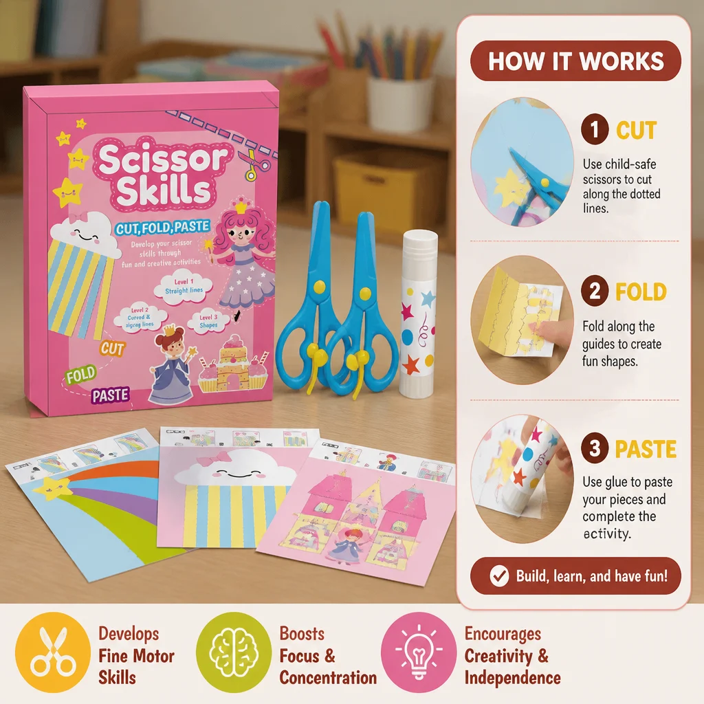 Kids Scissor Skills Activity Book โ Safe Cutting Practice with Safety Scissors