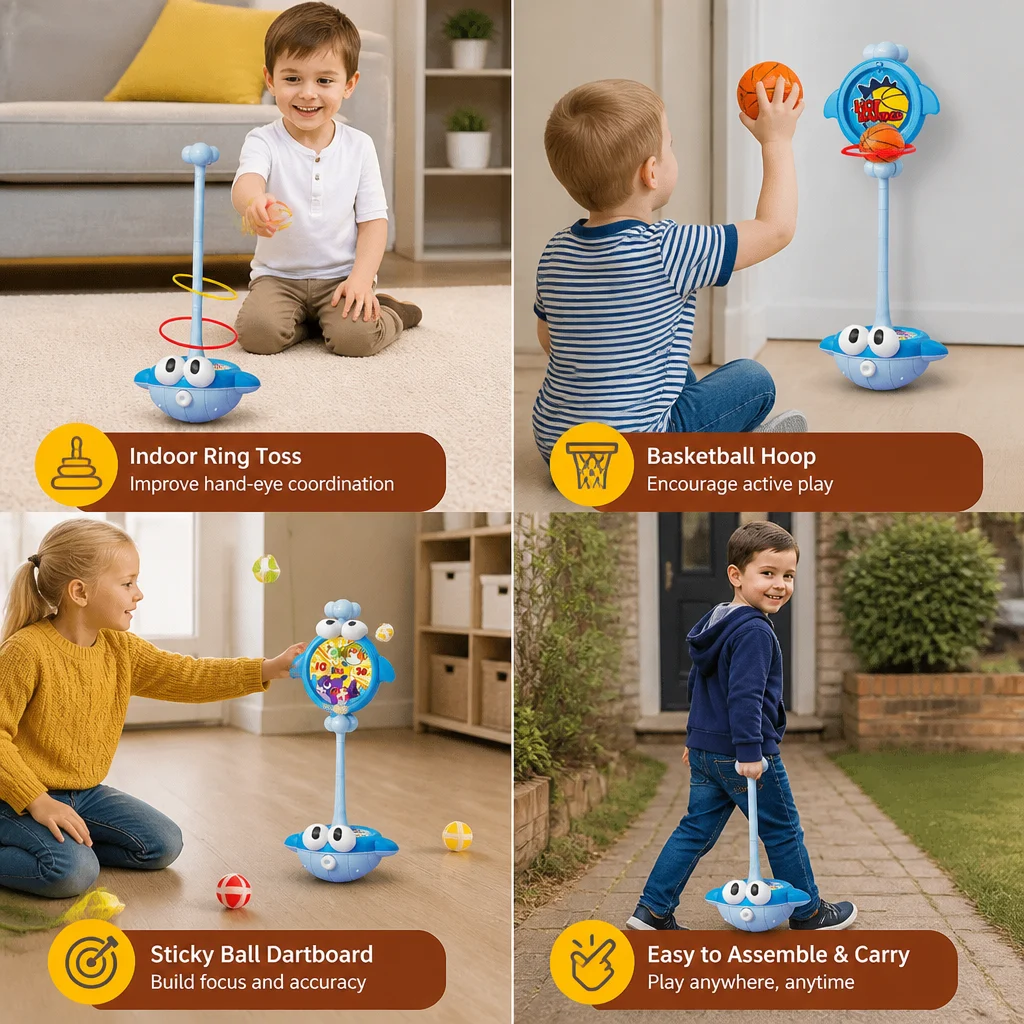 3-in-1 Educational Activity Game โ Ring Toss, Basketball & Sticky Ball