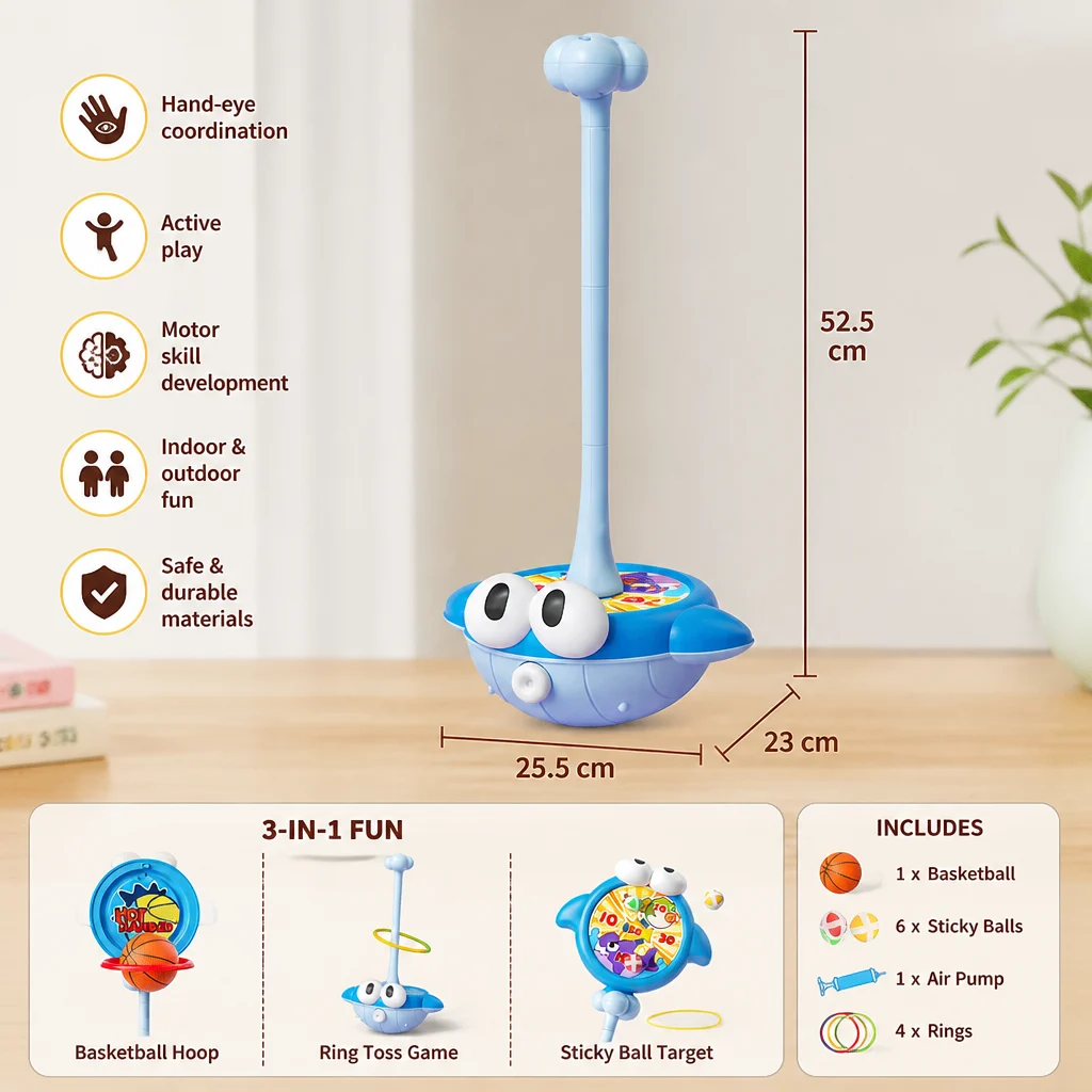 3-in-1 Educational Activity Game โ Ring Toss, Basketball & Sticky Ball
