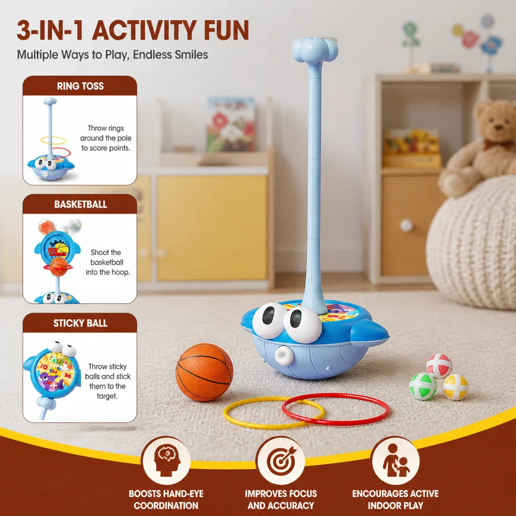 3-in-1 Educational Activity Game โ Ring Toss, Basketball & Sticky Ball