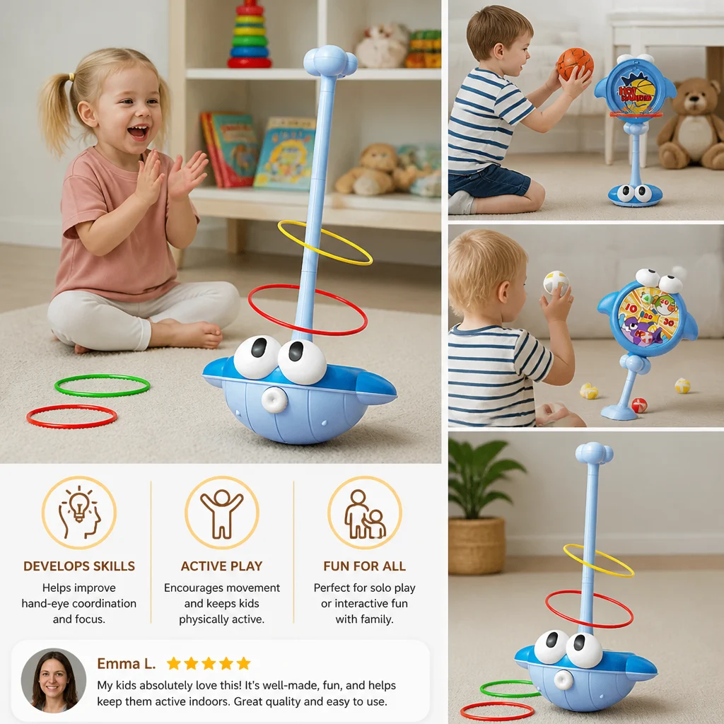 3-in-1 Educational Activity Game โ Ring Toss, Basketball & Sticky Ball
