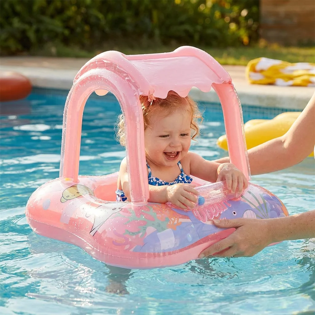 Inflatable Baby Pool Float with Canopy & Ocean Print