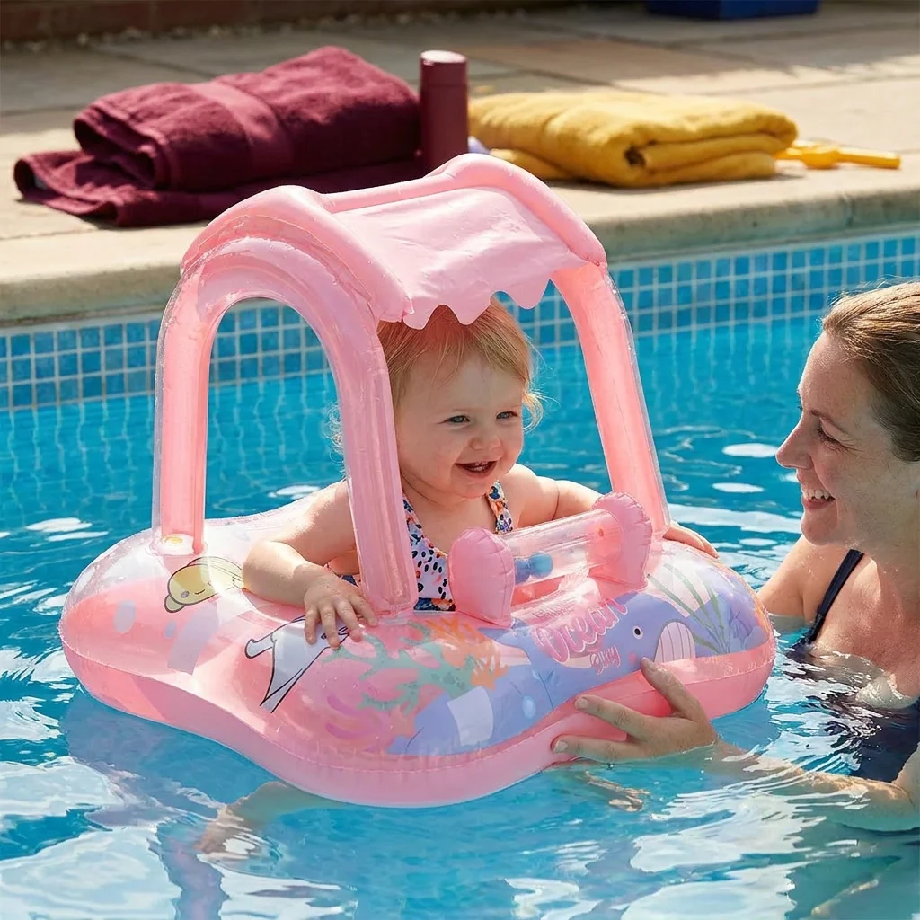 Inflatable Baby Pool Float with Canopy & Ocean Print