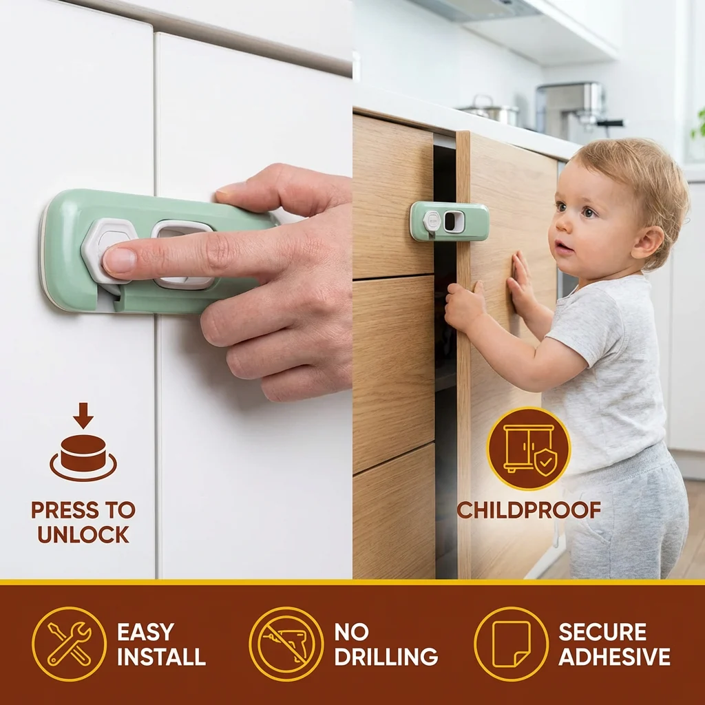 2-Pack Child Safety Locks for Cabinets, Fridge & Drawers – Multi-Purpose Safety Latches for Babies & Kids