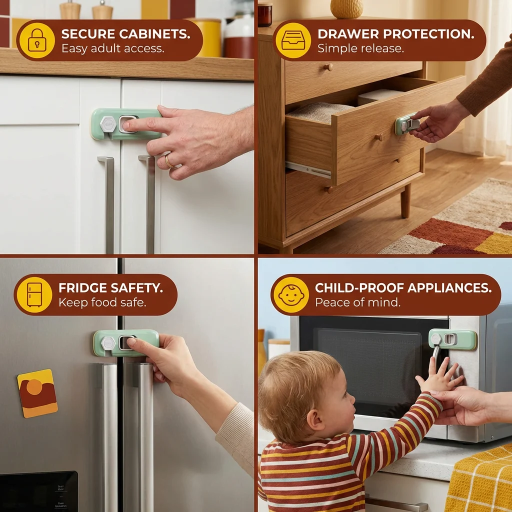 2-Pack Child Safety Locks for Cabinets, Fridge & Drawers – Multi-Purpose Safety Latches for Babies & Kids