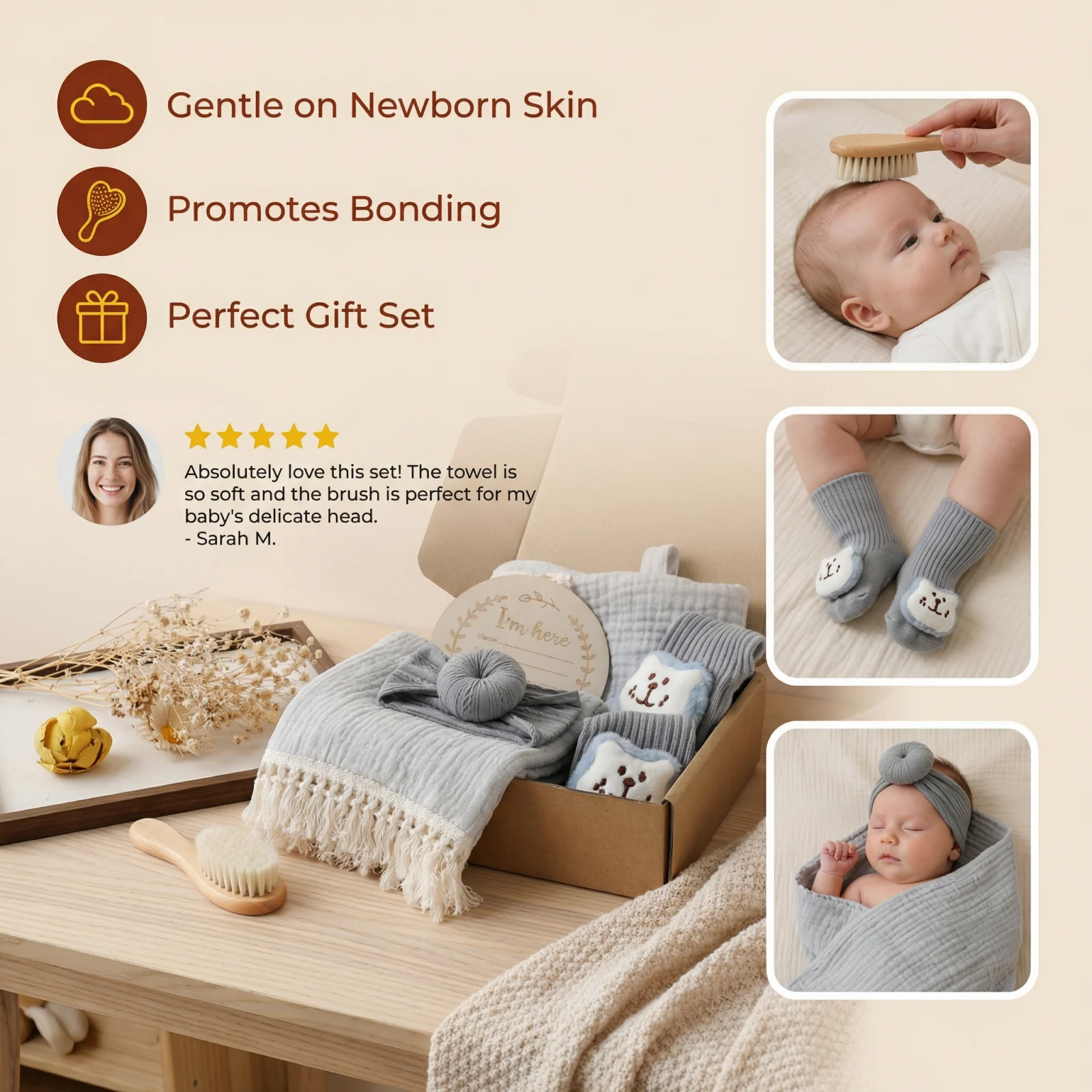 Baby Care Gift Box โ Towel, Socks or Headband & Bath Brush for Newborns