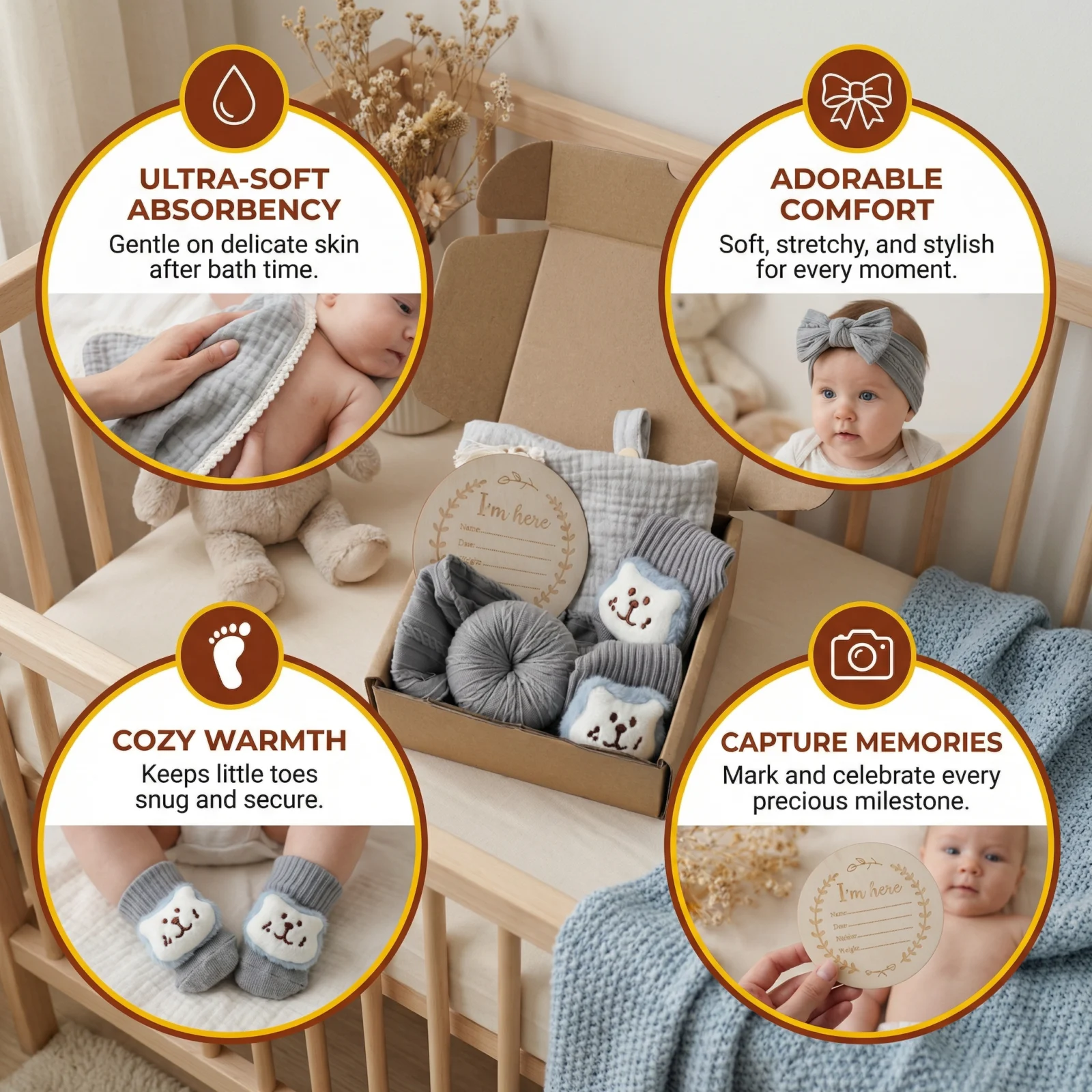 Baby Care Gift Box โ Towel, Socks or Headband & Bath Brush for Newborns
