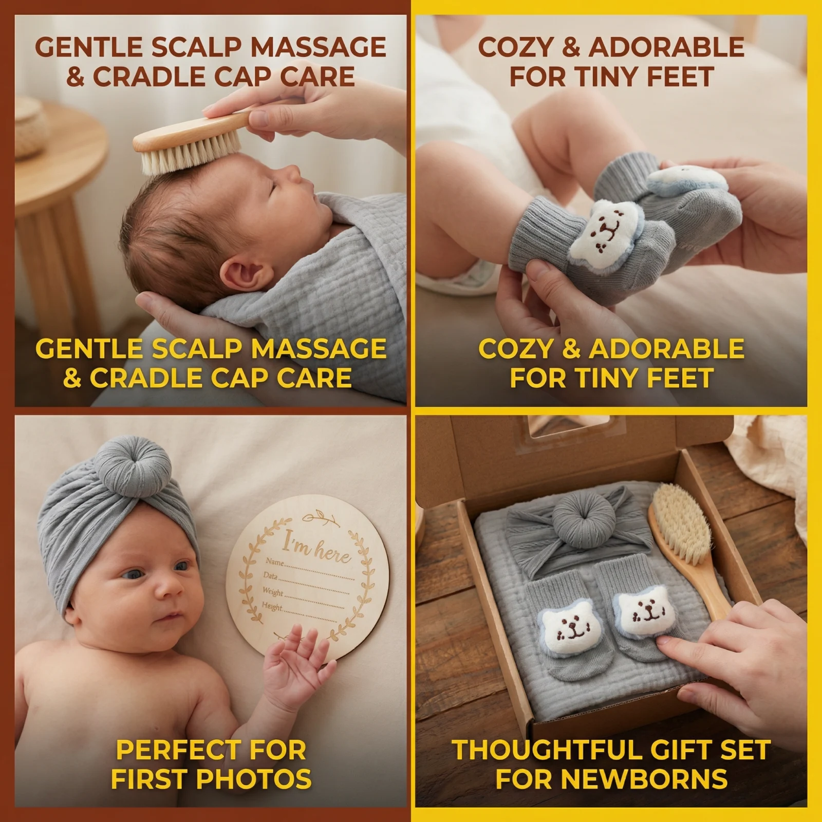 Baby Care Gift Box โ Towel, Socks or Headband & Bath Brush for Newborns