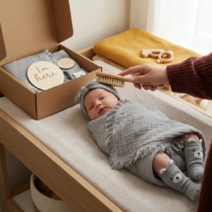 Baby Care Gift Box – Towel, Socks or Headband & Bath Brush for Newborns