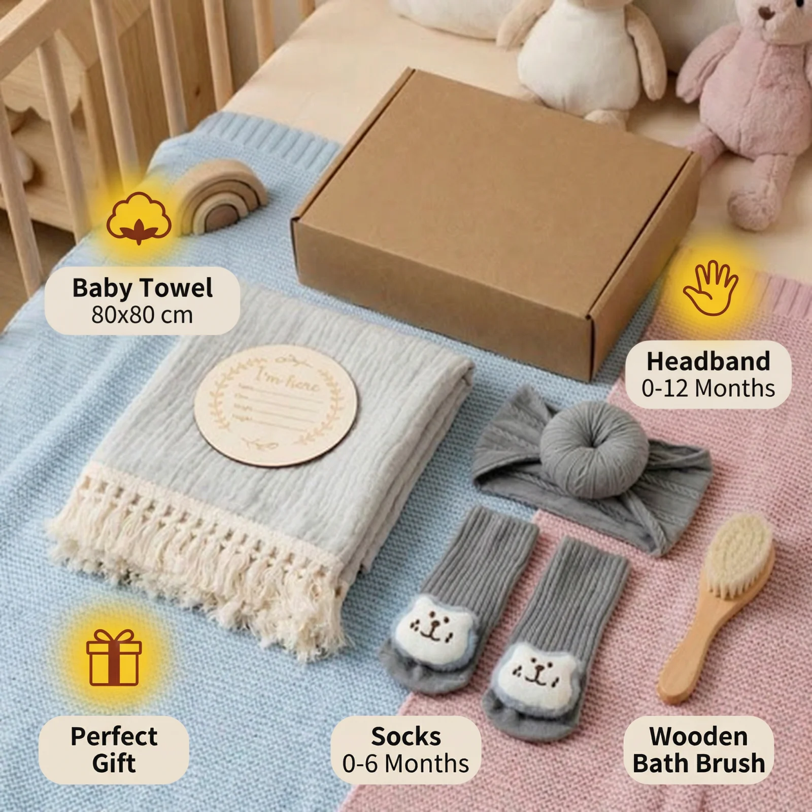 Baby Care Gift Box โ Towel, Socks or Headband & Bath Brush for Newborns
