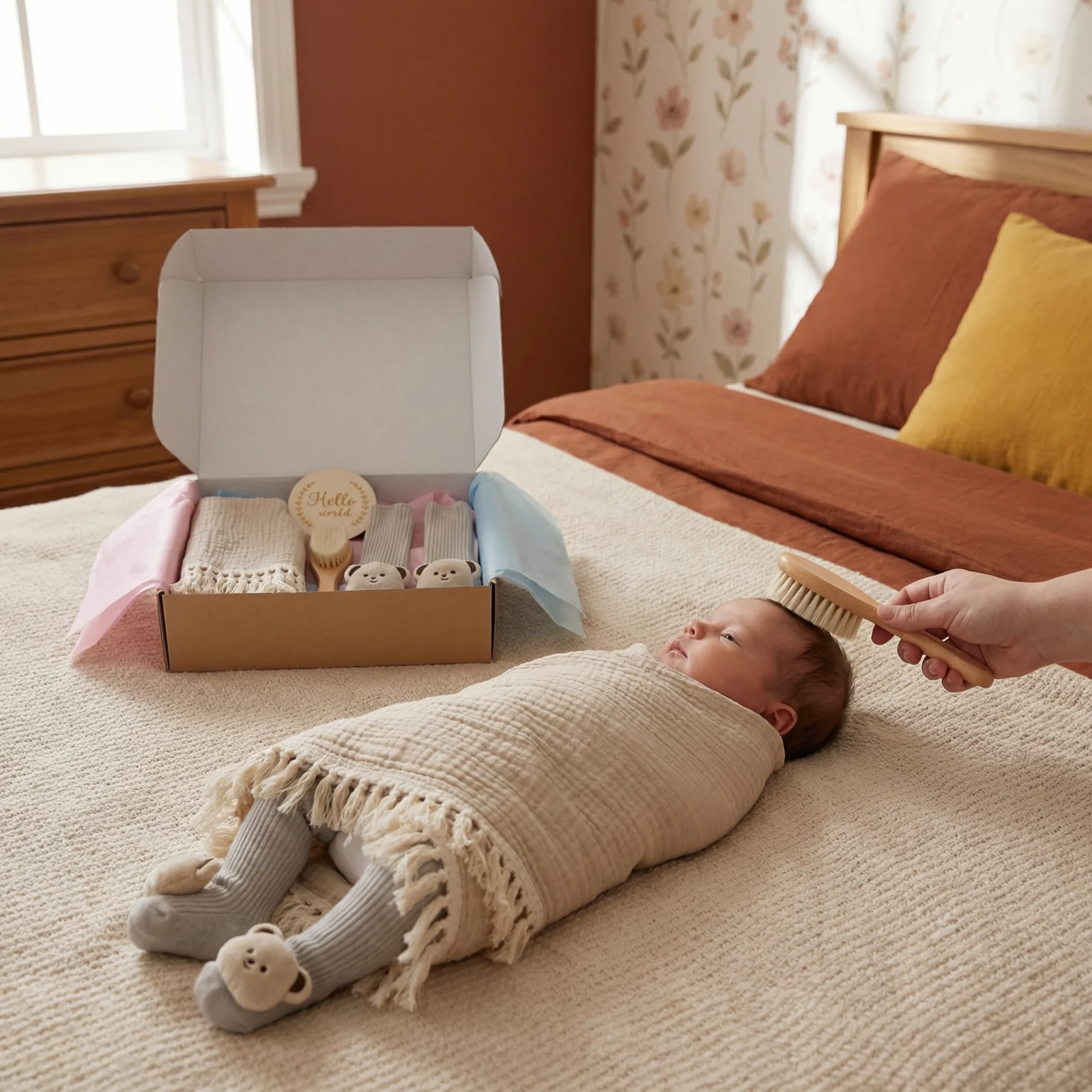 Baby Care Gift Box โ Towel, Socks or Headband & Bath Brush for Newborns