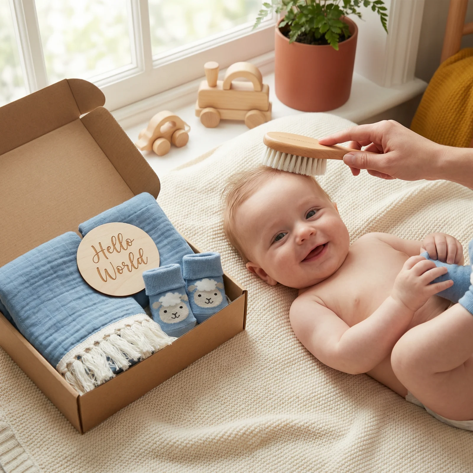 Baby Care Gift Box โ Towel, Socks or Headband & Bath Brush for Newborns