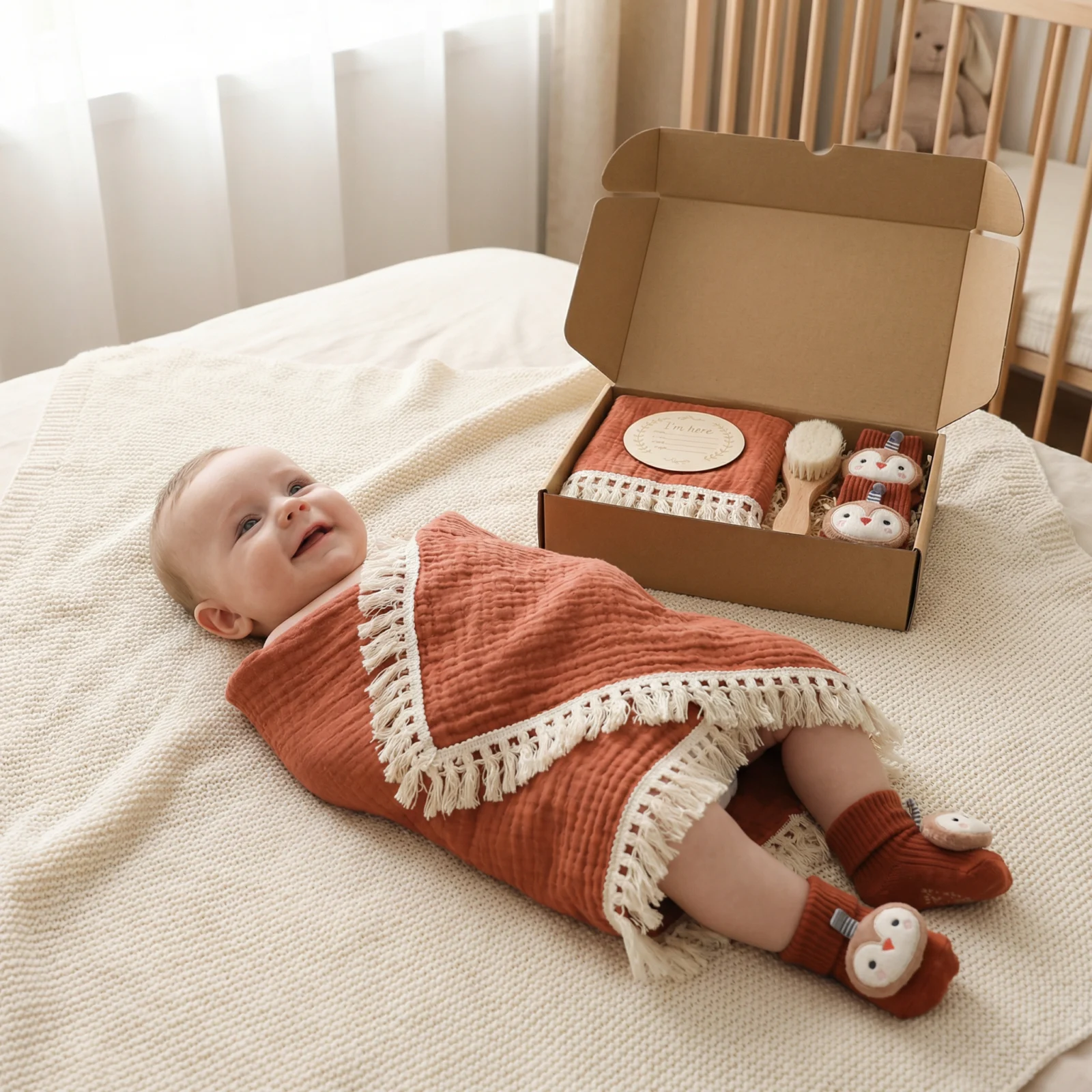 Baby Care Gift Box โ Towel, Socks or Headband & Bath Brush for Newborns