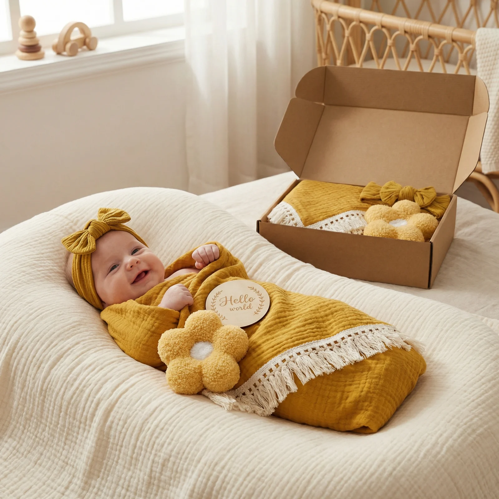 Baby Care Gift Box โ Towel, Socks or Headband & Bath Brush for Newborns