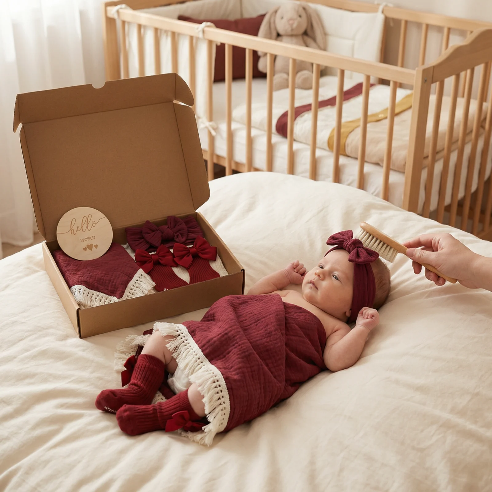 Baby Care Gift Box โ Towel, Socks or Headband & Bath Brush for Newborns