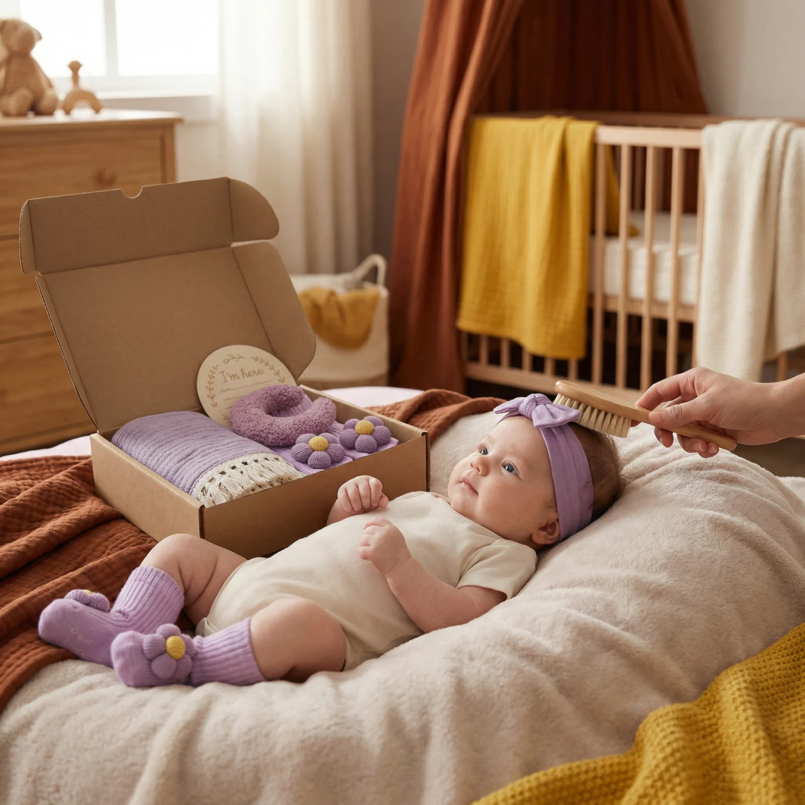 Baby Care Gift Box โ Towel, Socks or Headband & Bath Brush for Newborns