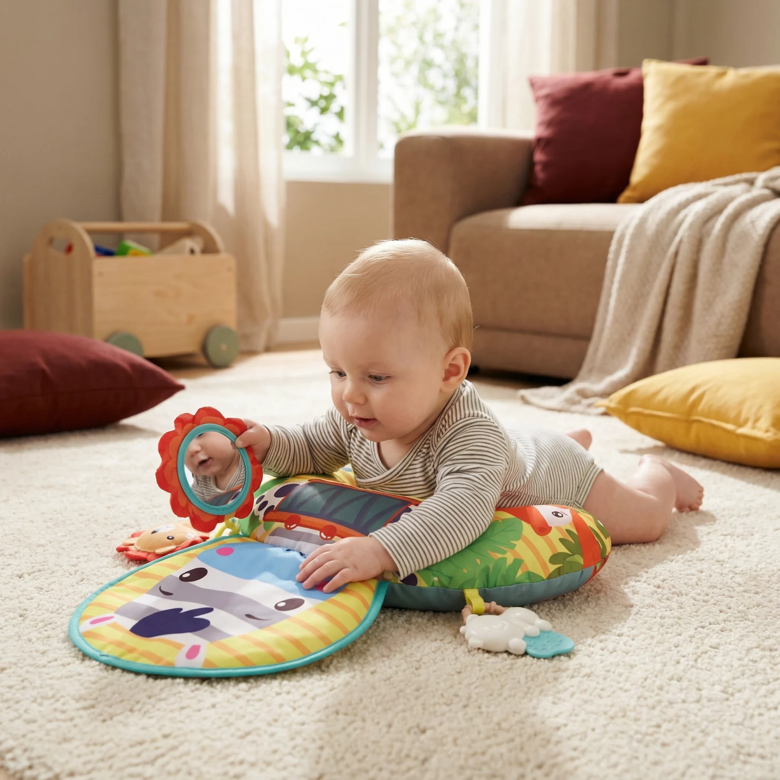Baby Training Pillow for Tummy Time with Play Arch โ Supports Sensory Development & Early Growth