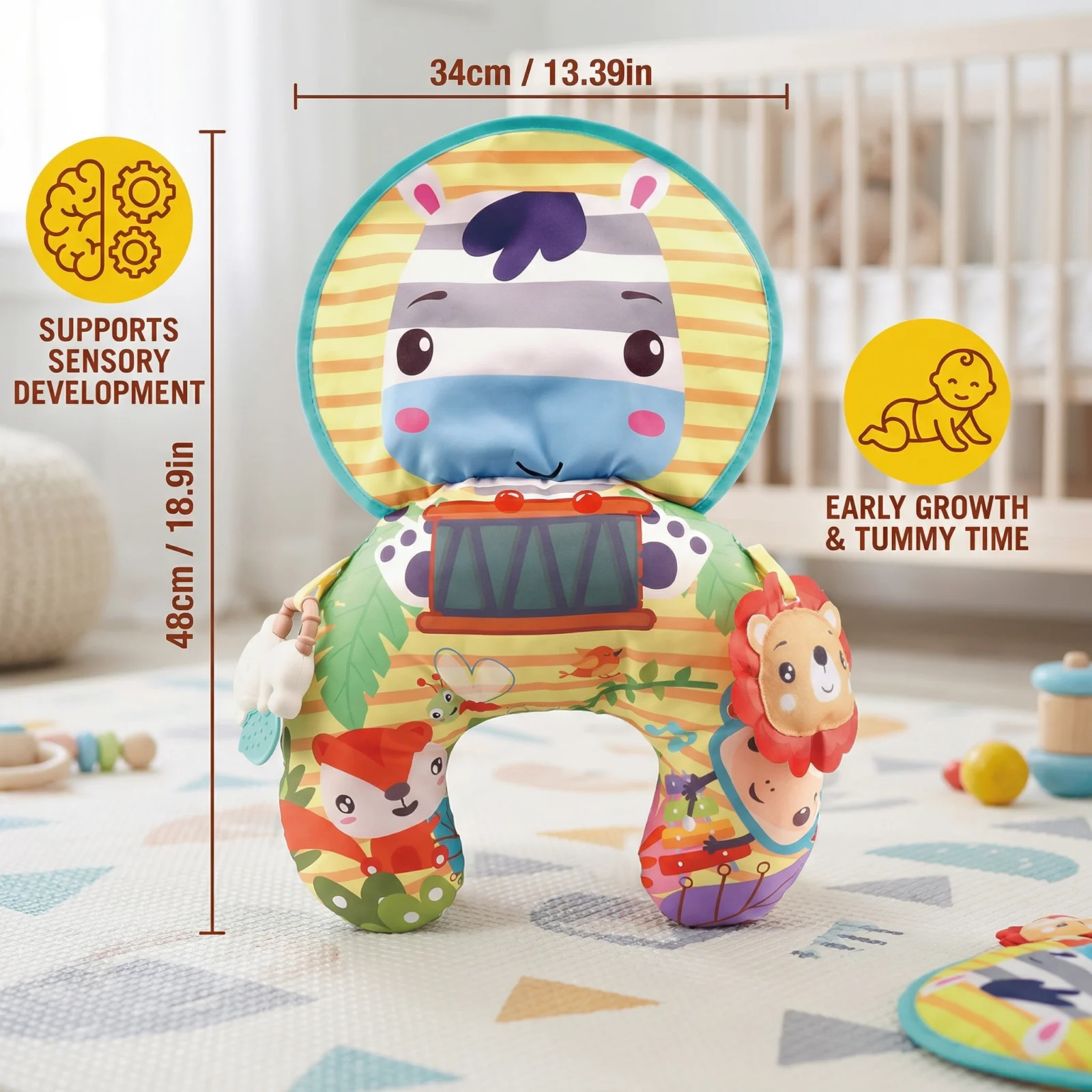 Baby Training Pillow for Tummy Time with Play Arch โ Supports Sensory Development & Early Growth