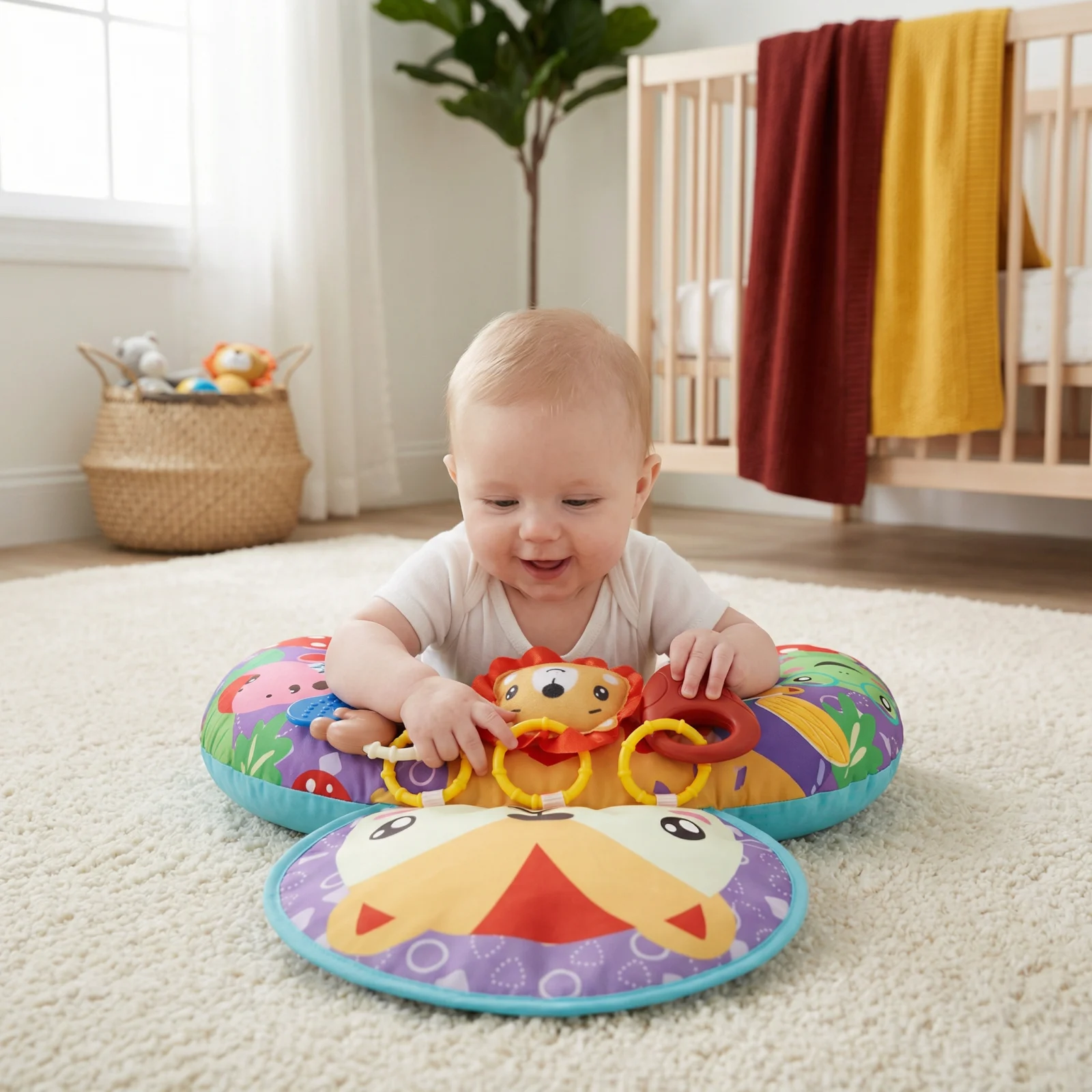 Baby Training Pillow for Tummy Time with Play Arch โ Supports Sensory Development & Early Growth