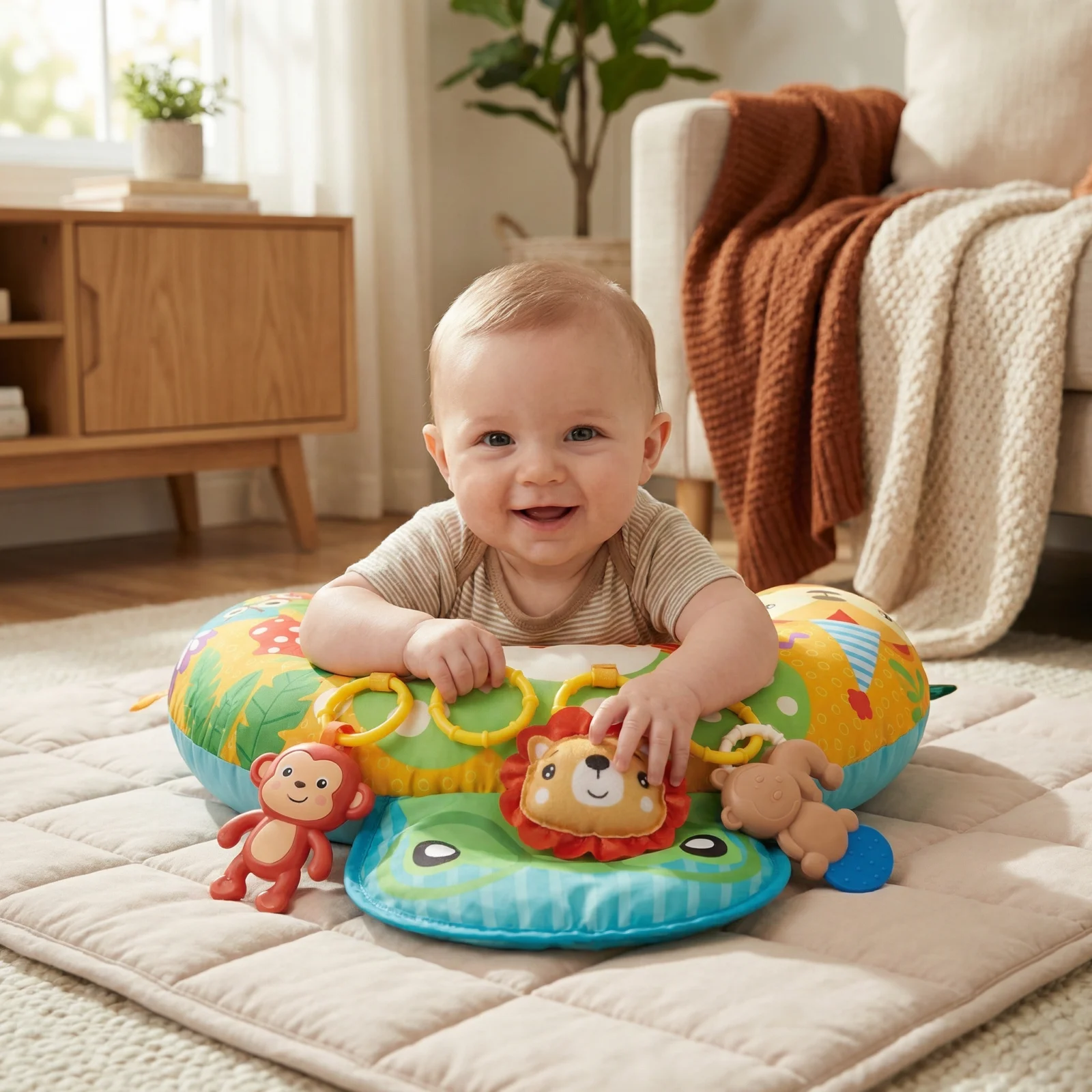 Baby Training Pillow for Tummy Time with Play Arch โ Supports Sensory Development & Early Growth