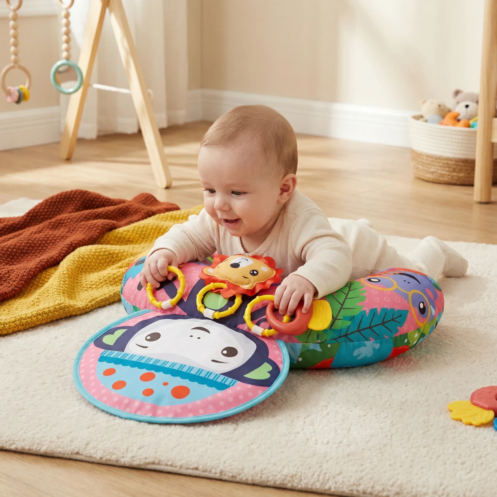 Baby Training Pillow for Tummy Time with Play Arch โ Supports Sensory Development & Early Growth