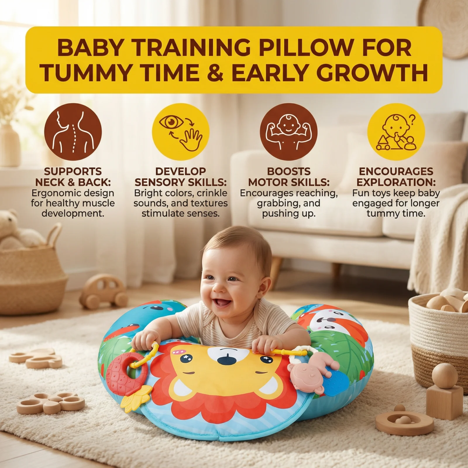 Baby Training Pillow for Tummy Time with Play Arch โ Supports Sensory Development & Early Growth