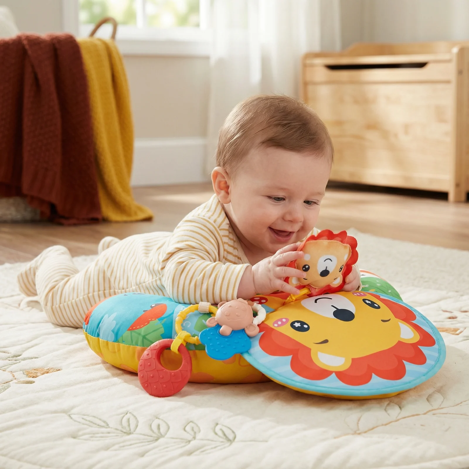 Baby Training Pillow for Tummy Time with Play Arch โ Supports Sensory Development & Early Growth