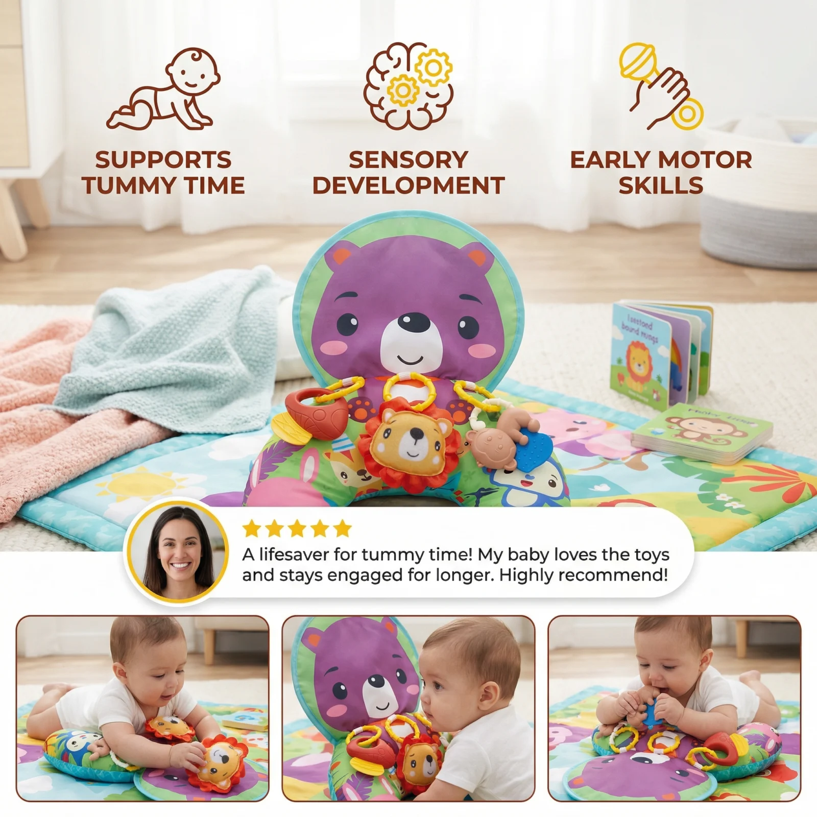 Baby Training Pillow for Tummy Time with Play Arch โ Supports Sensory Development & Early Growth
