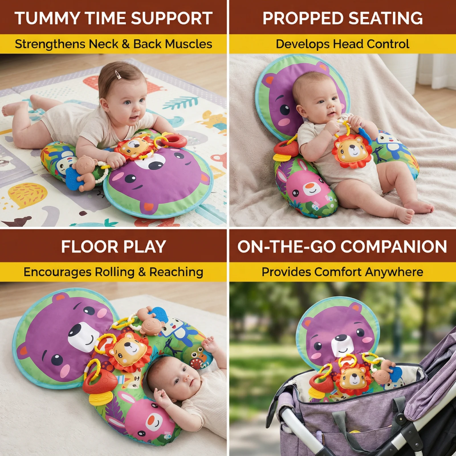 Baby Training Pillow for Tummy Time with Play Arch โ Supports Sensory Development & Early Growth
