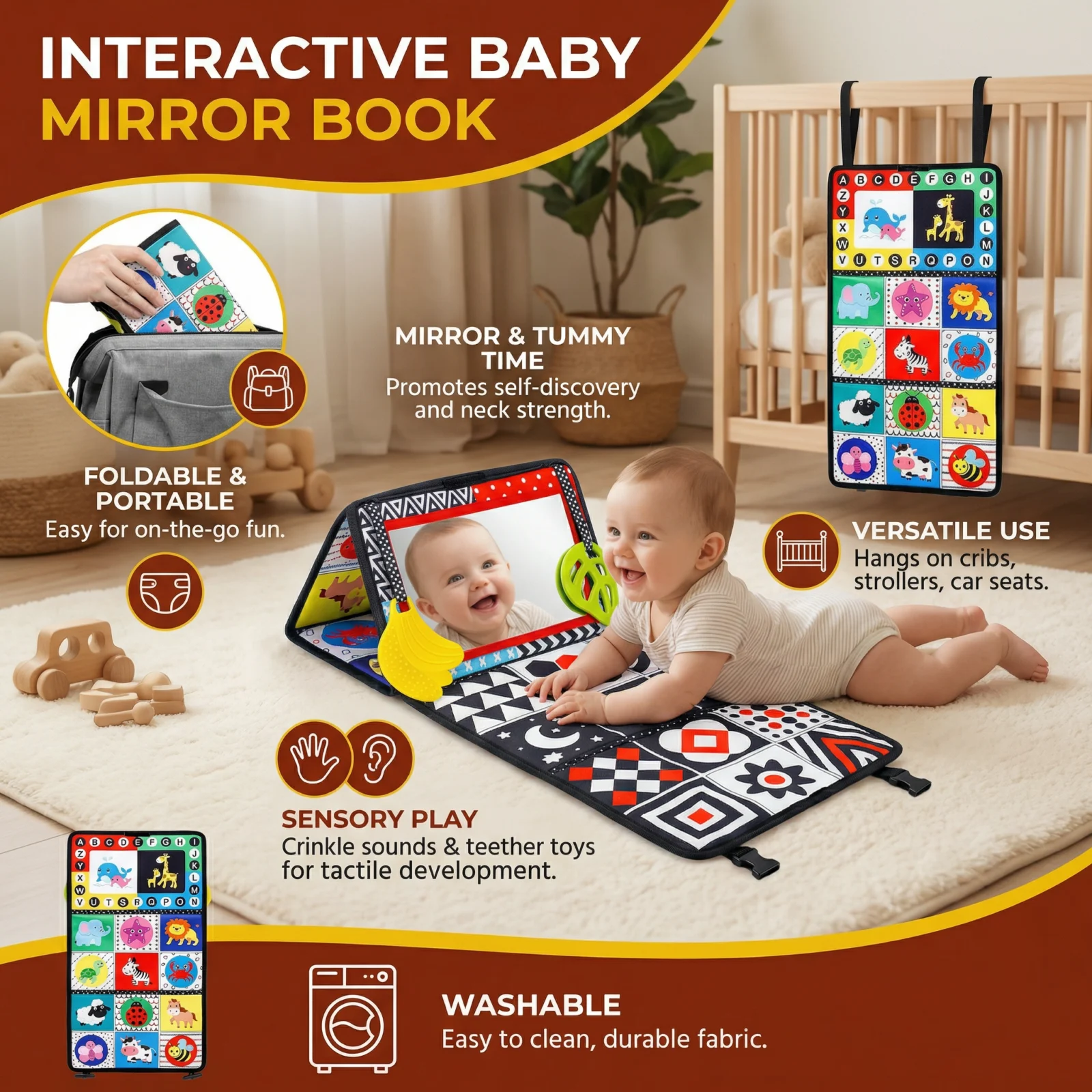 Interactive Baby Mirror Book β Foldable & Washable Soft Cloth Toy
