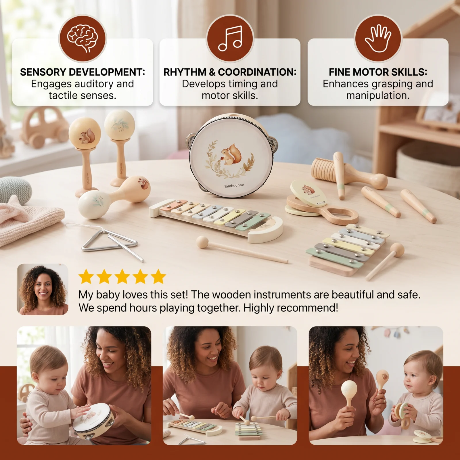 Montessori Wooden Musical Instruments Set for Babies โ Sensory Learning Toy