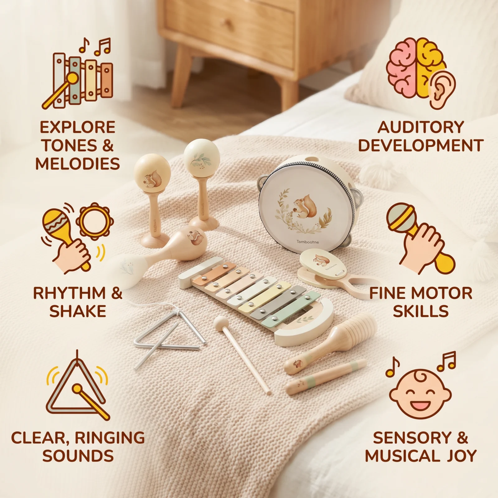 Montessori Wooden Musical Instruments Set for Babies โ Sensory Learning Toy