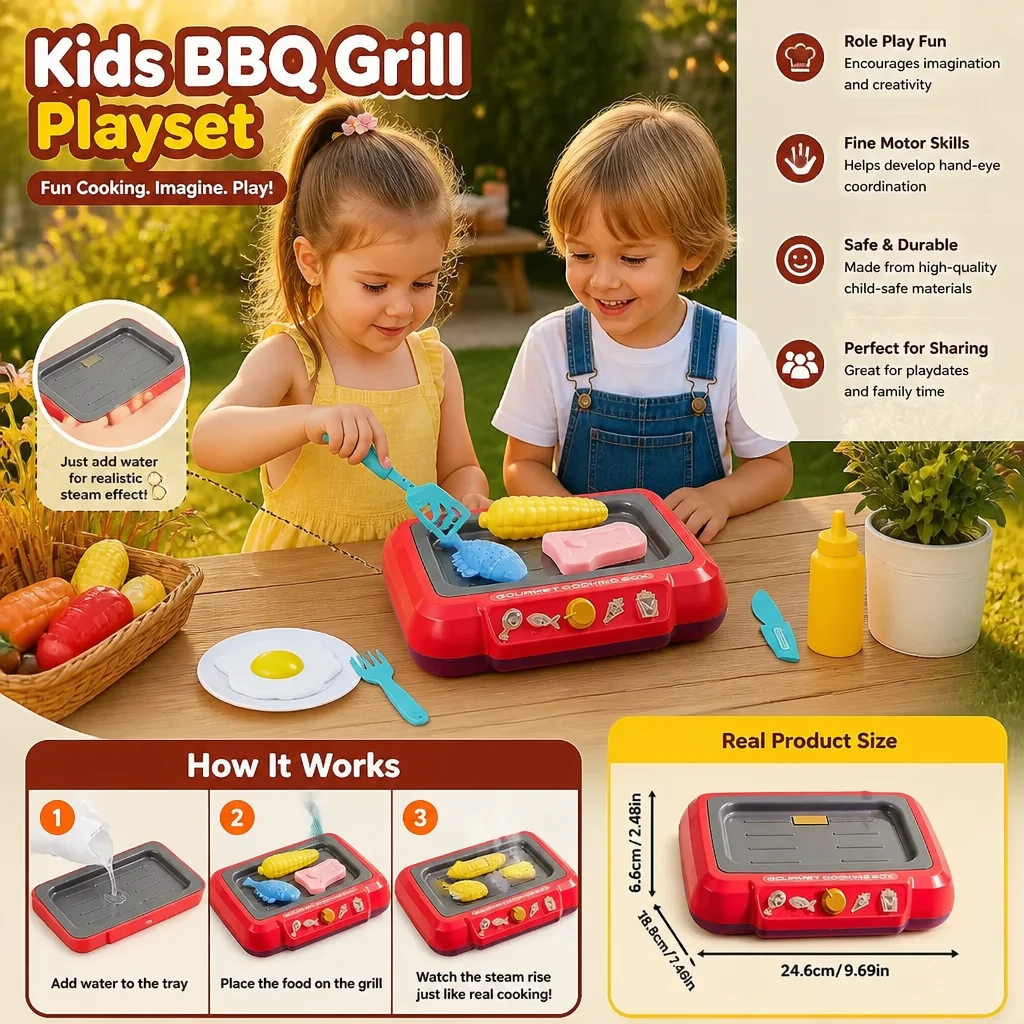Kids BBQ Grill Playset with Play Food & Accessories