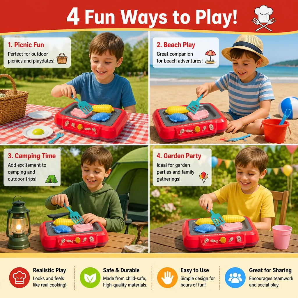 Kids BBQ Grill Playset with Play Food & Accessories