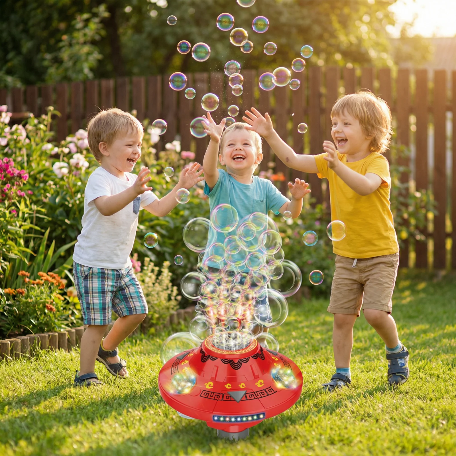 Light-Up UFO Bubble Machine for Kids โ Rechargeable Spinning Bubble Blaster with LED Effects