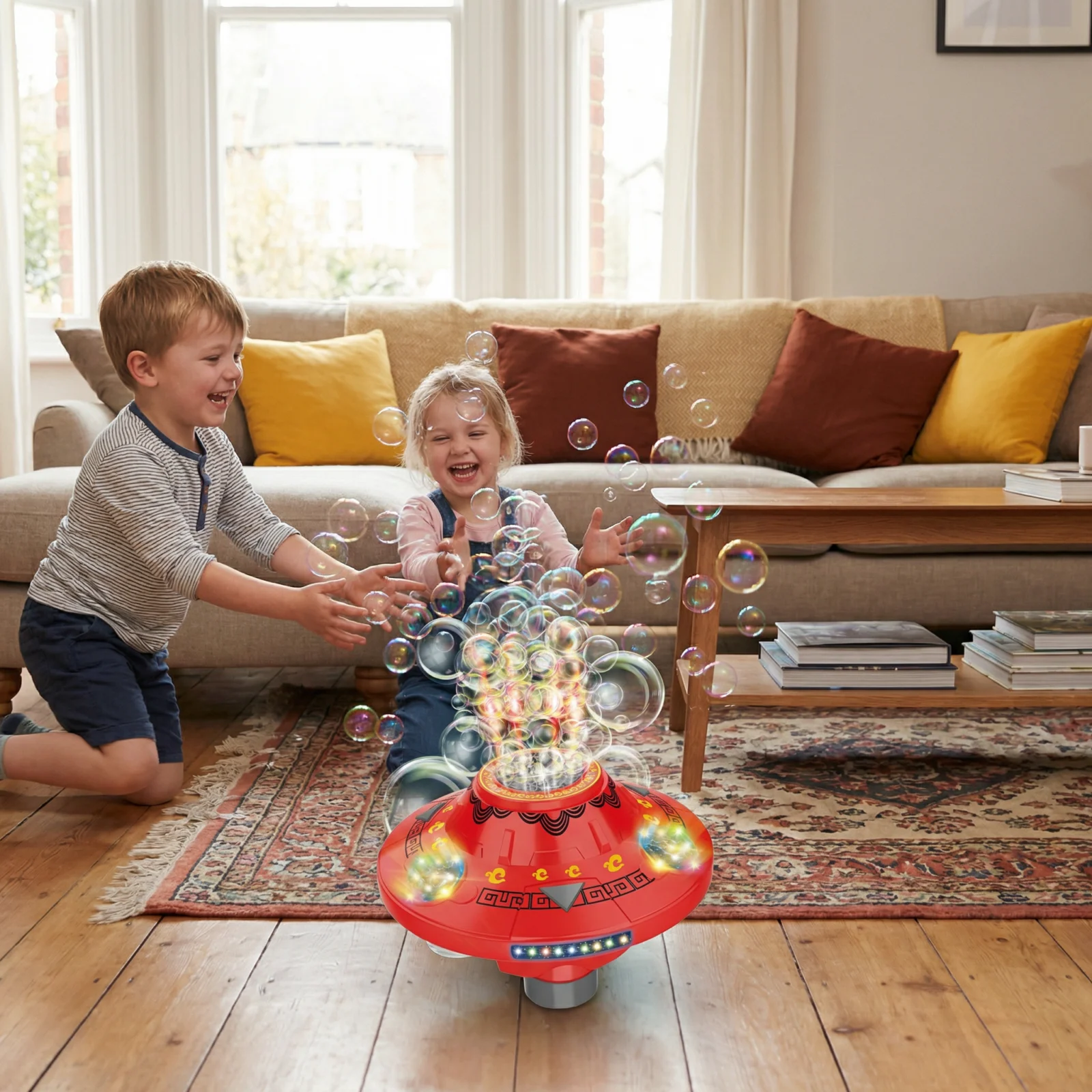 Light-Up UFO Bubble Machine for Kids โ Rechargeable Spinning Bubble Blaster with LED Effects