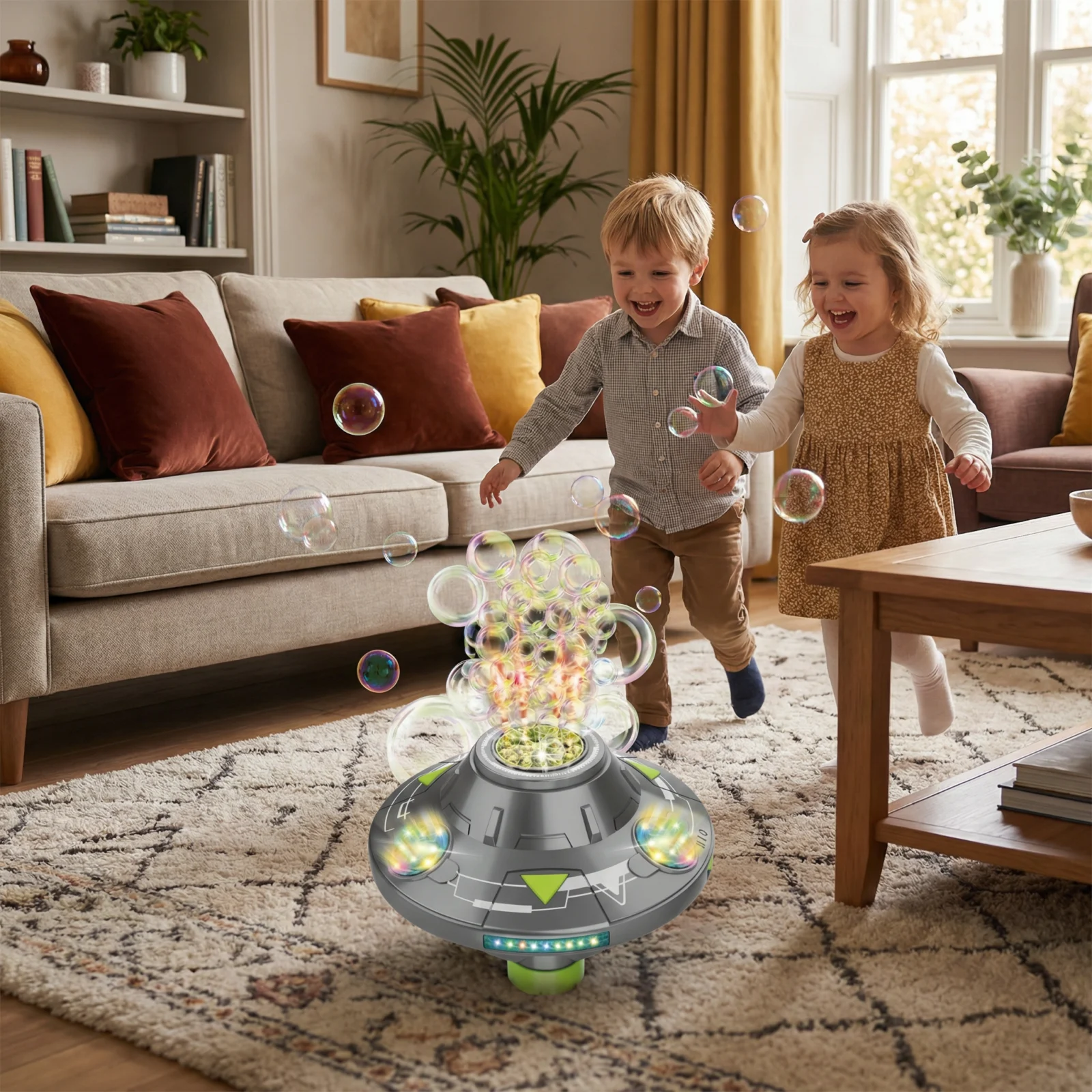 Light-Up UFO Bubble Machine for Kids โ Rechargeable Spinning Bubble Blaster with LED Effects