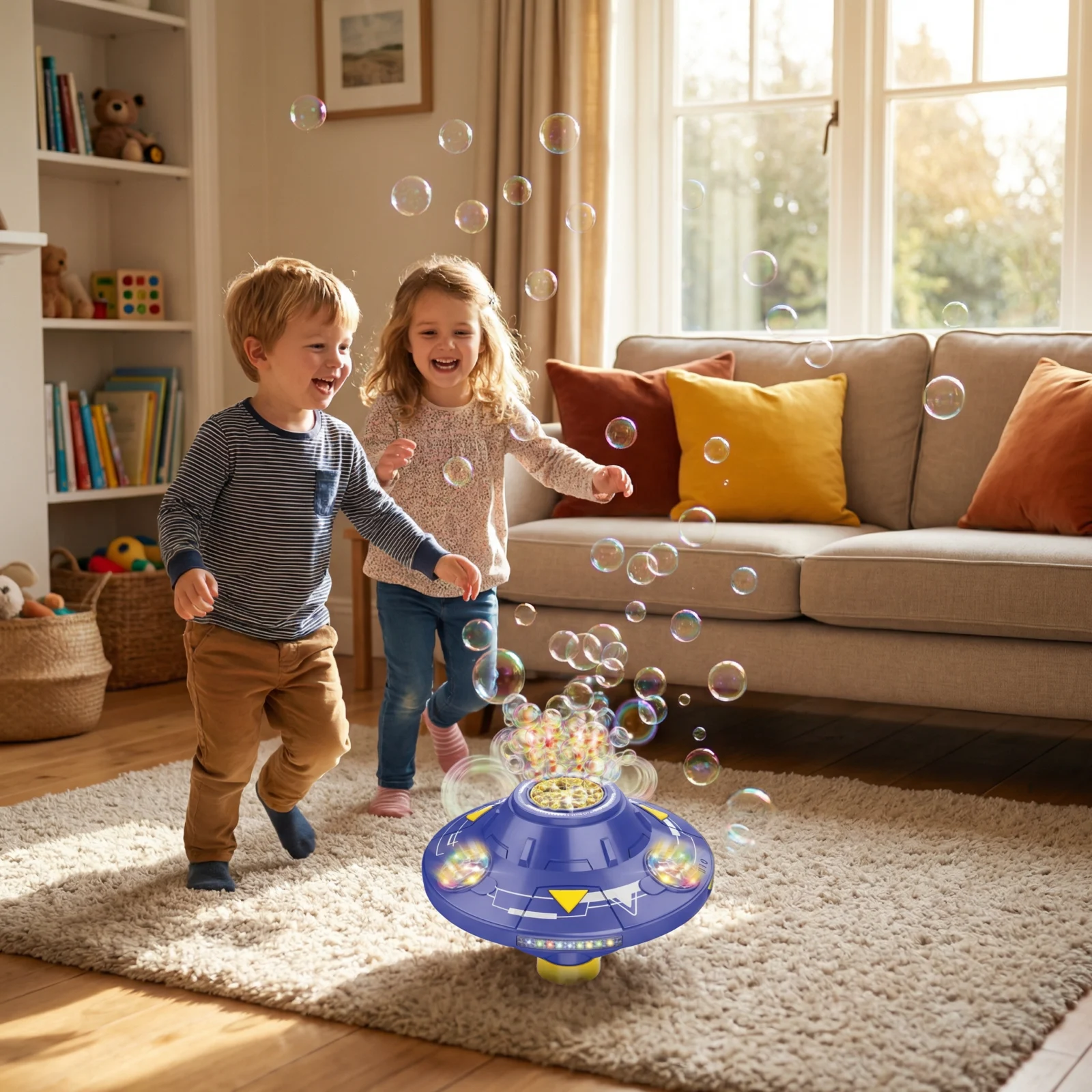 Light-Up UFO Bubble Machine for Kids โ Rechargeable Spinning Bubble Blaster with LED Effects