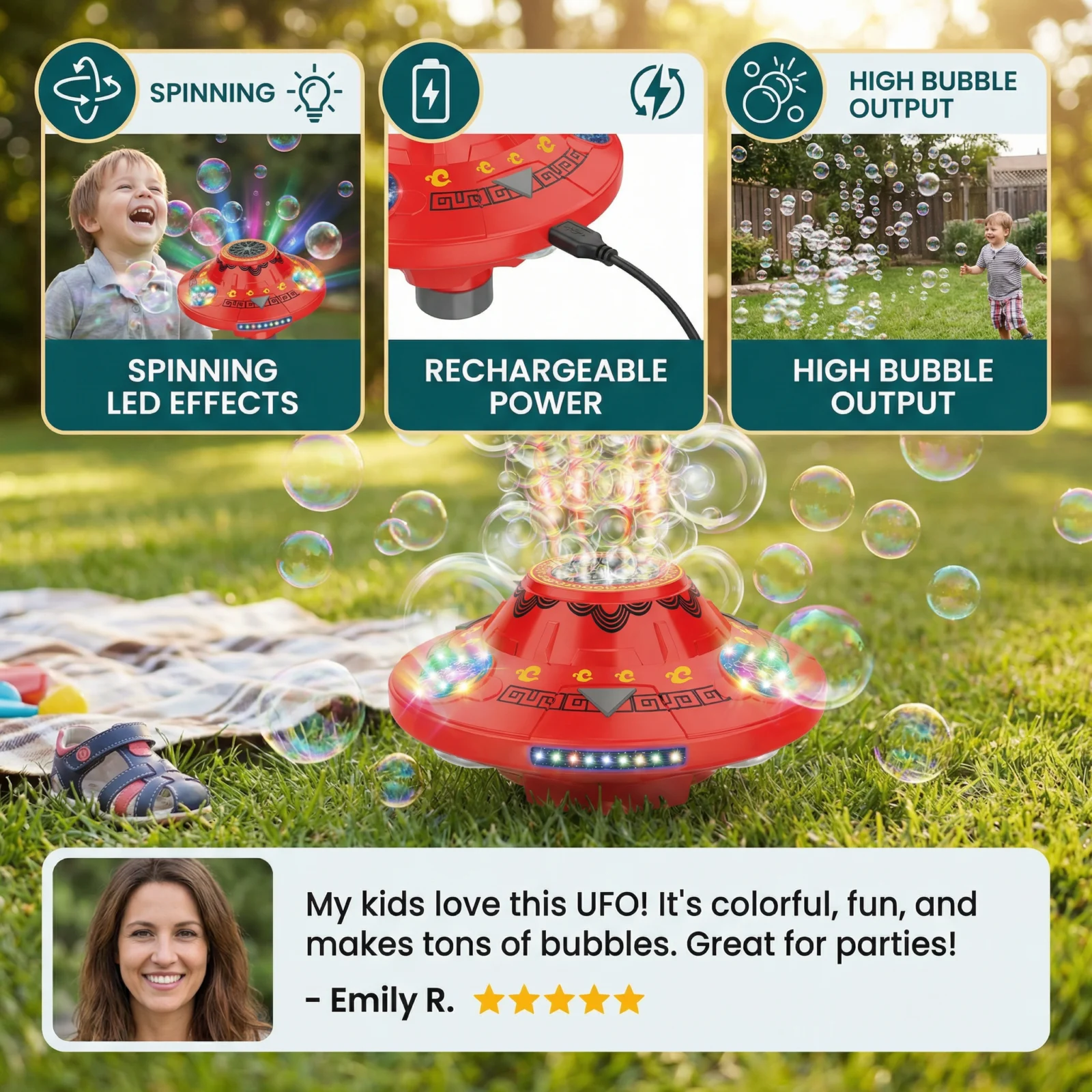 Light-Up UFO Bubble Machine for Kids โ Rechargeable Spinning Bubble Blaster with LED Effects