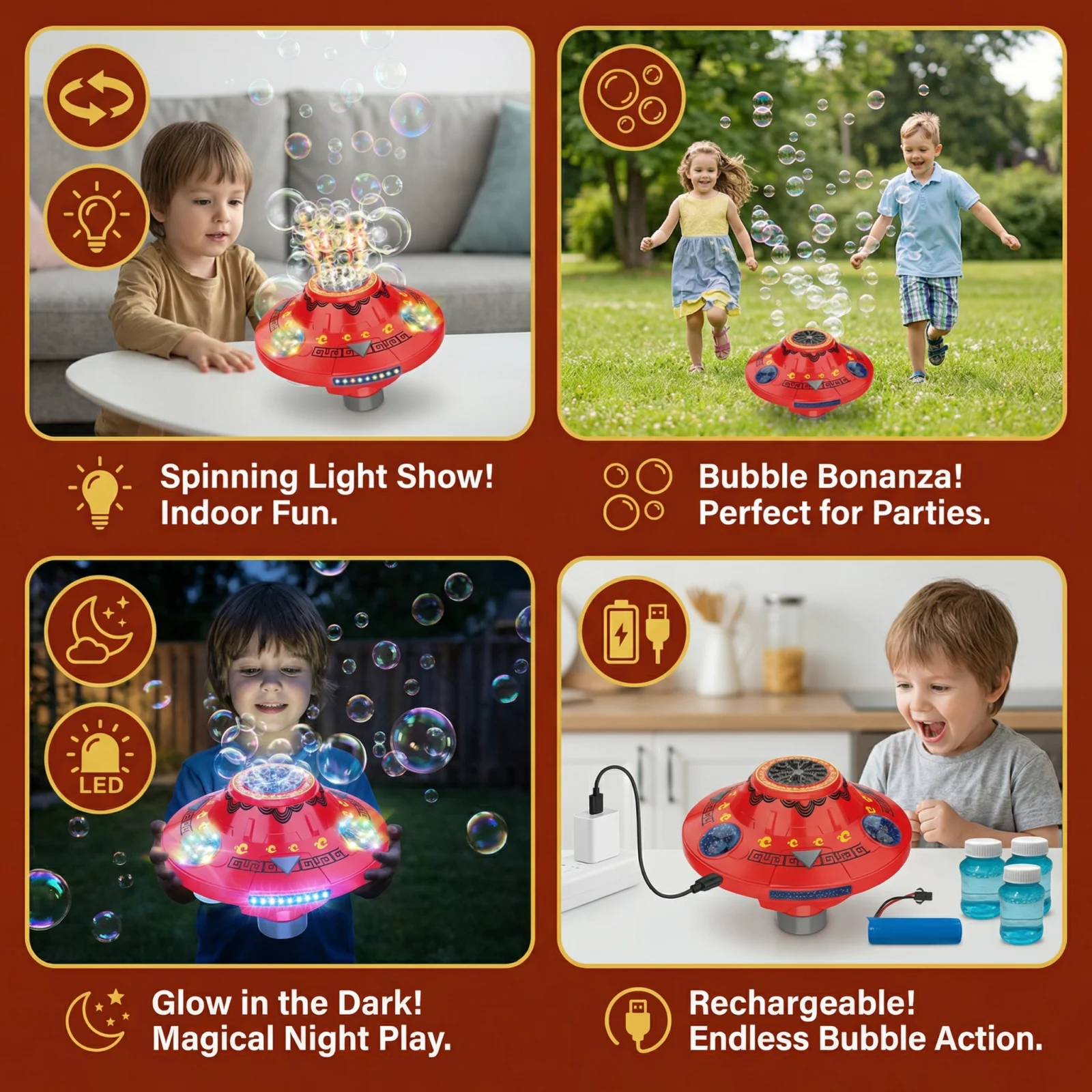 Light-Up UFO Bubble Machine for Kids โ Rechargeable Spinning Bubble Blaster with LED Effects
