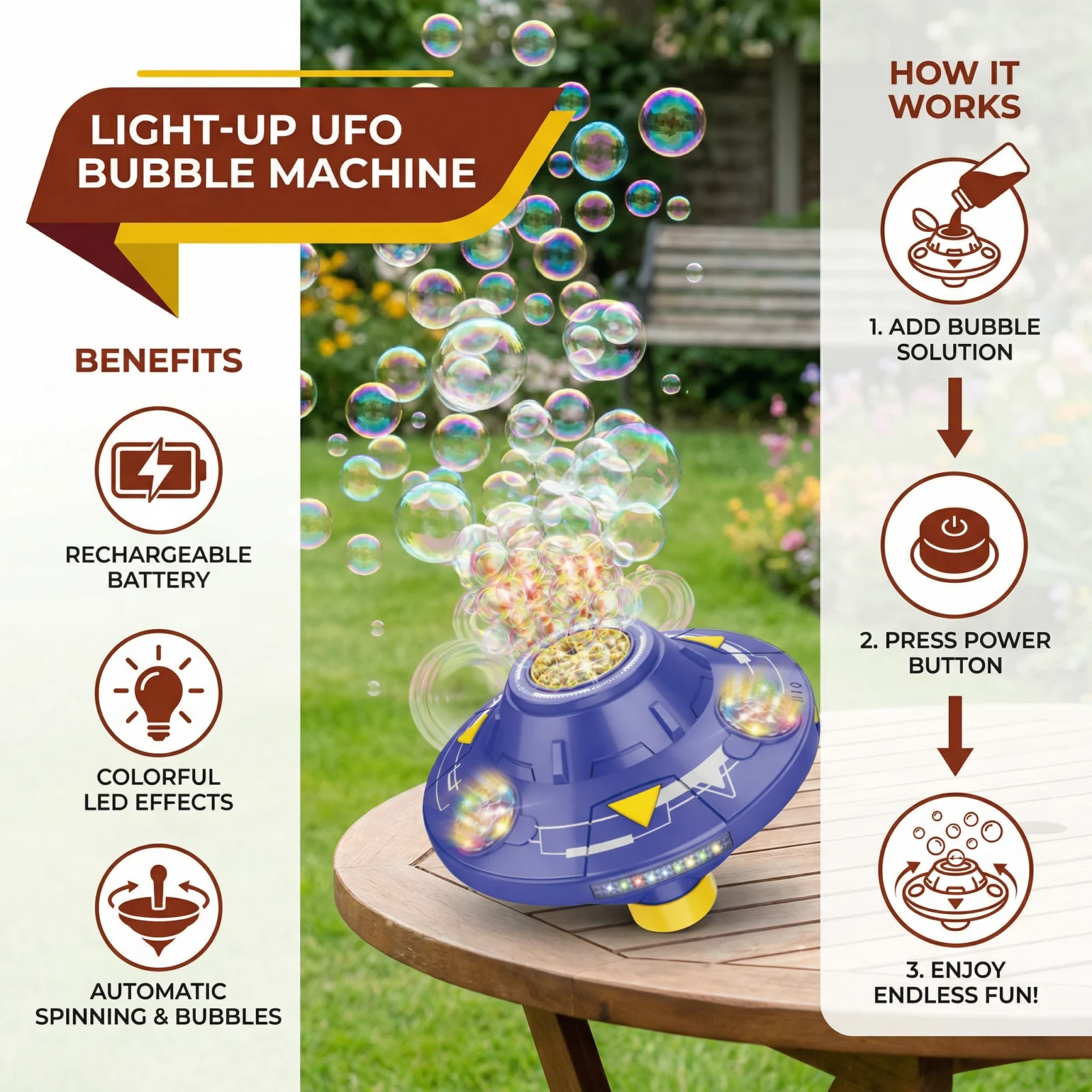 Light-Up UFO Bubble Machine for Kids โ Rechargeable Spinning Bubble Blaster with LED Effects