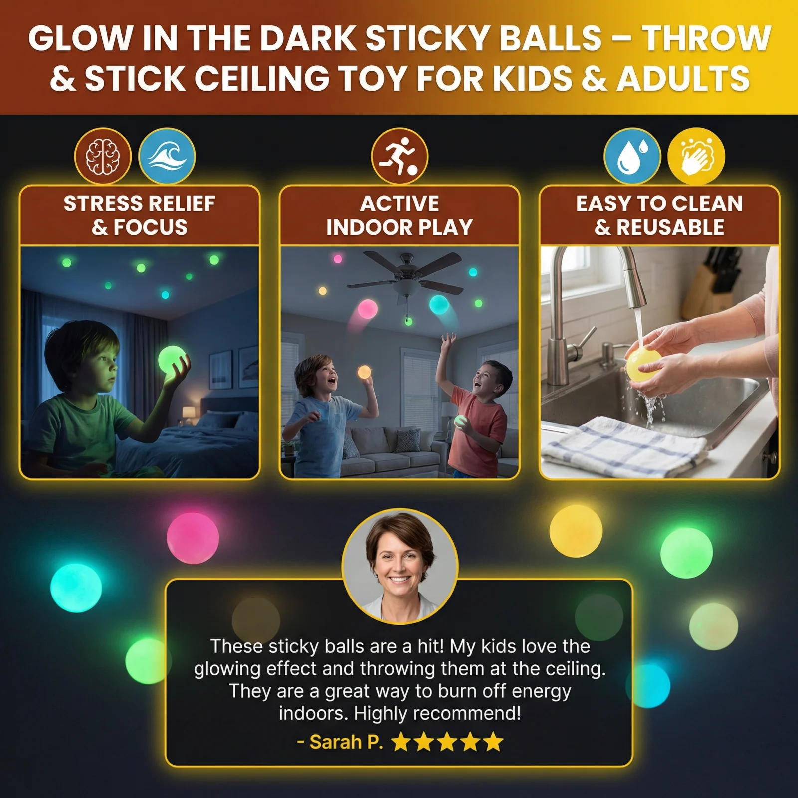 Glow in the Dark Sticky Balls โ Throw & Stick Ceiling Toy for Kids & Adults