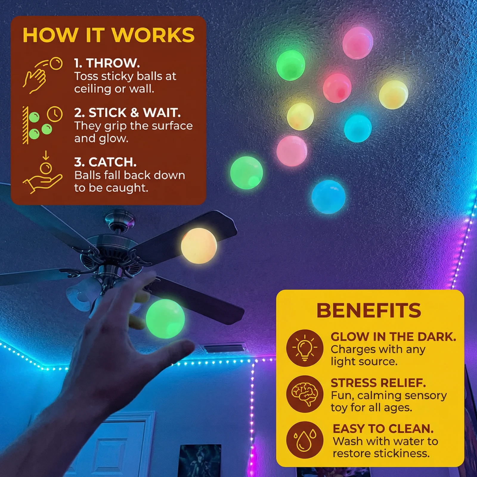 Glow in the Dark Sticky Balls โ Throw & Stick Ceiling Toy for Kids & Adults