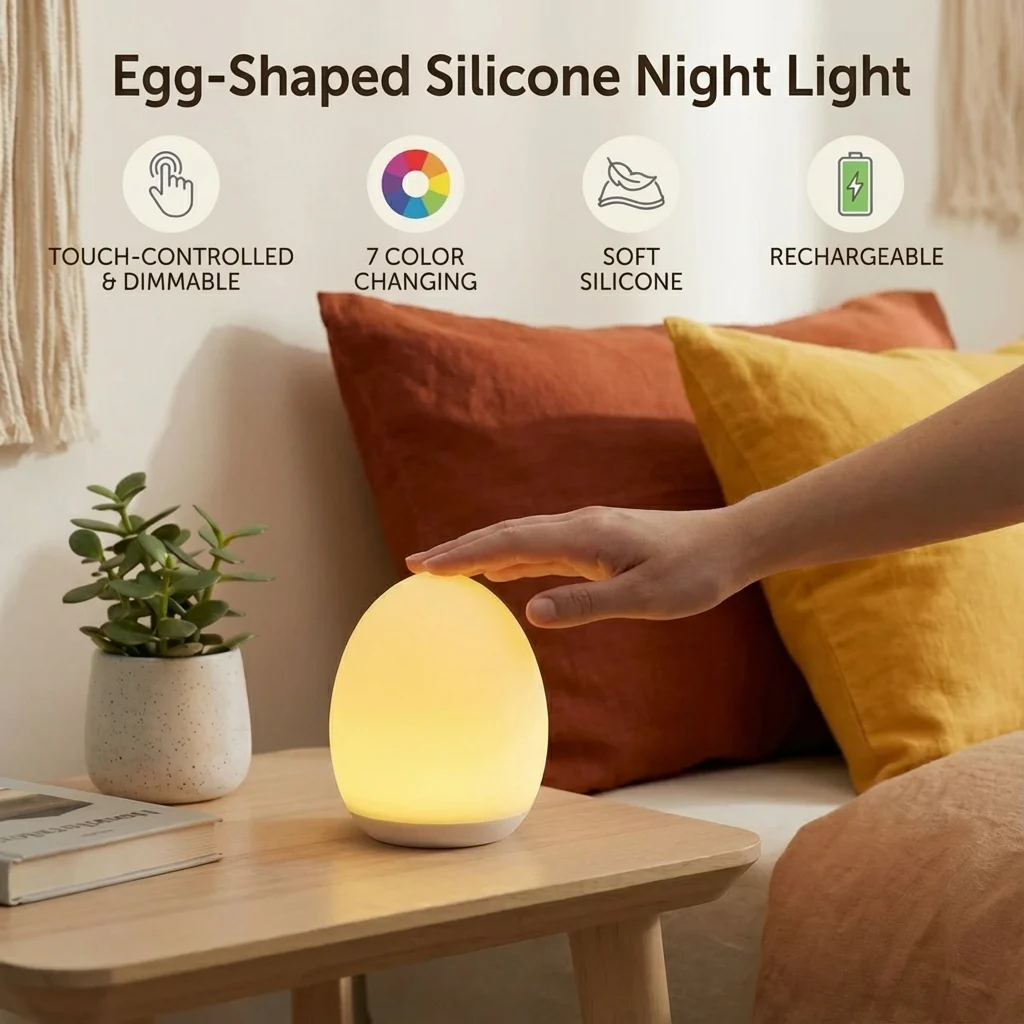 Egg-Shaped Silicone Night Light โ Touch Control, 7-Colour Changing