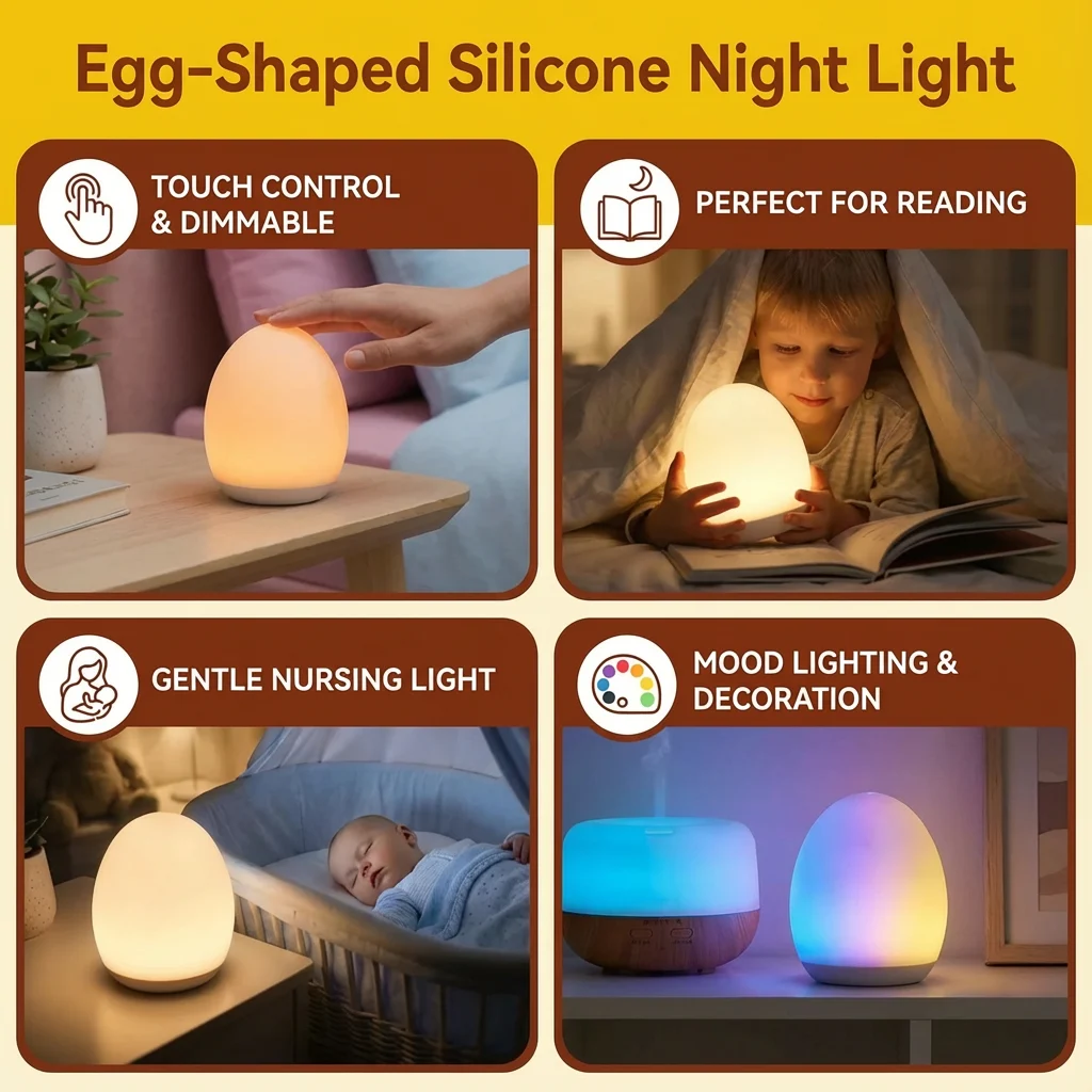 Egg-Shaped Silicone Night Light โ Touch Control, 7-Colour Changing
