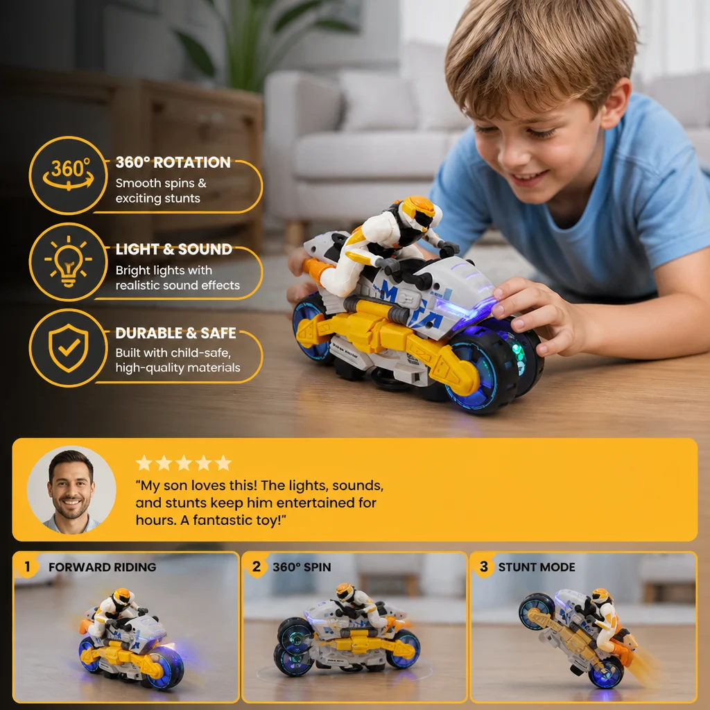 Kids Transformable Stunt Motorcycle Toy with 360 Degree Rotating Action