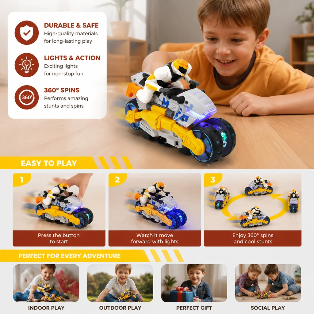 Kids Transformable Stunt Motorcycle Toy with 360 Degree Rotating Action