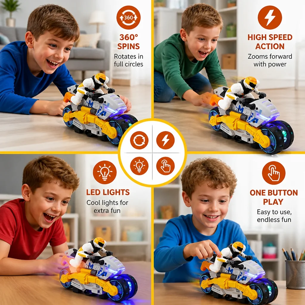 Kids Transformable Stunt Motorcycle Toy with 360 Degree Rotating Action